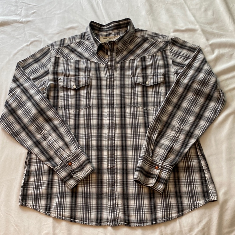 Men’s DKNY Jeans Long Sleeve Button Down Shirt. Grey/Black Size XL